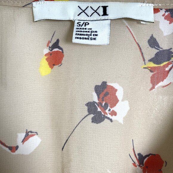 Forever 21 Tan Floral Ruffle Blouse Size Small Elastic Waist Feminine Spring - Picture 7 of 8